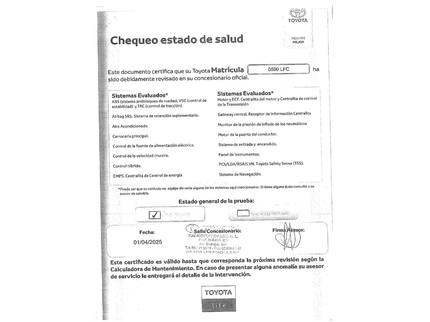 Foto del mantenimiento del Toyota Corolla Toyota Corolla 180H FEEL! E-CVT (180 CV)