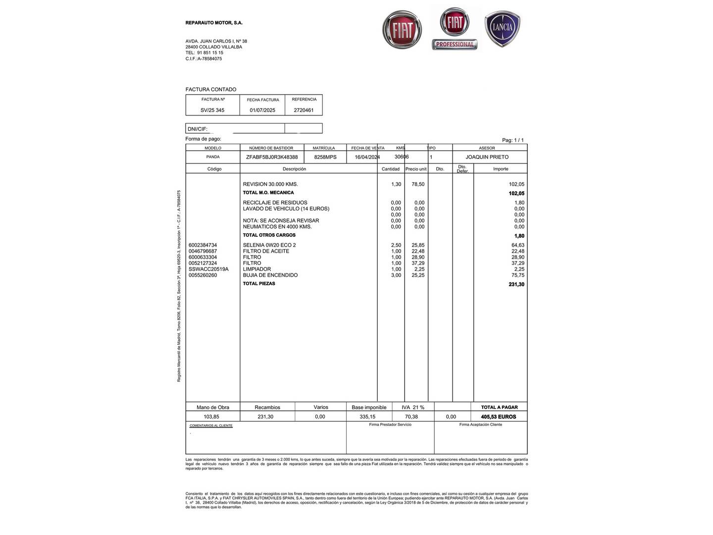 Foto del mantenimiento del Fiat Panda Fiat Panda 1.0 Hybrid Gse Urban (70 CV)
