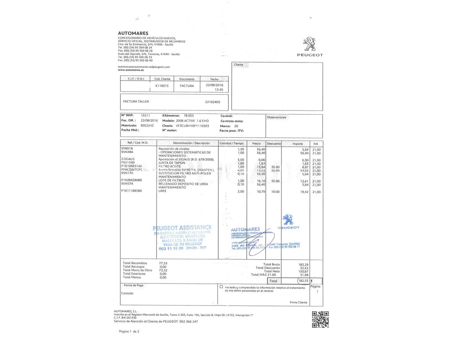Foto del mantenimiento del Peugeot 2008 Peugeot 2008 BlueHDi 100 S&S Active (100 CV)