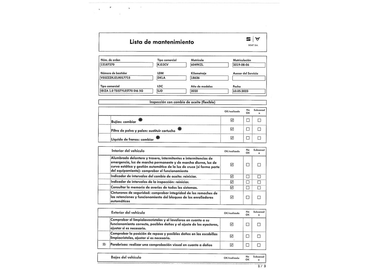 Foto del mantenimiento del Seat Ibiza Seat Ibiza 1.0 TSI Style Plus (95 CV)
