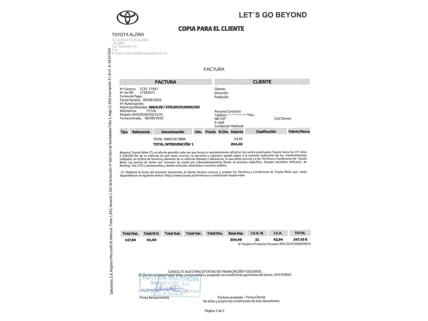 Foto del mantenimiento del Toyota Highlander Toyota Highlander 2.5 Luxury P. Metalizada