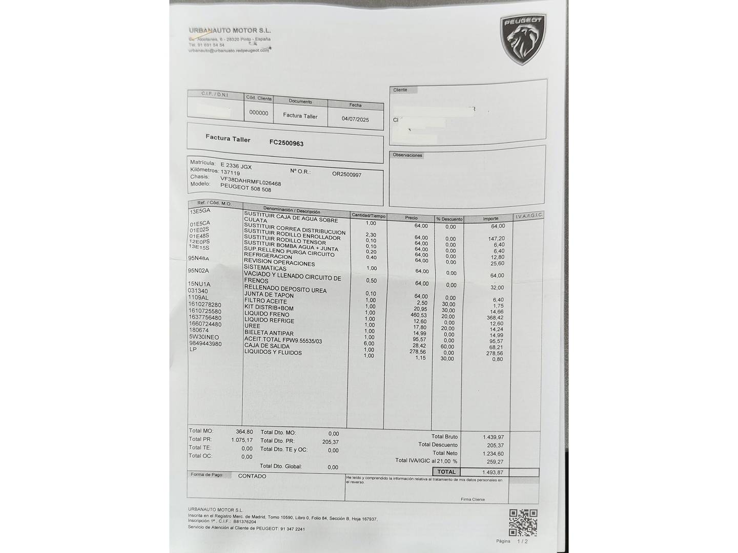 Foto del mantenimiento del Peugeot 508 Peugeot 508 2.0 BlueHDI Allure (150 CV)