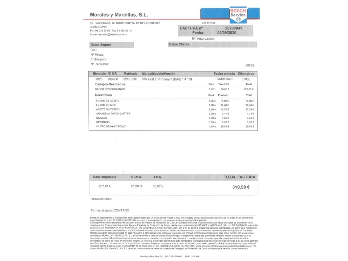 Foto del mantenimiento del Volkswagen Golf Volkswagen Golf Sport 1.4 TSI BMT ACT Tech (150 CV) DSG Pack R-Line