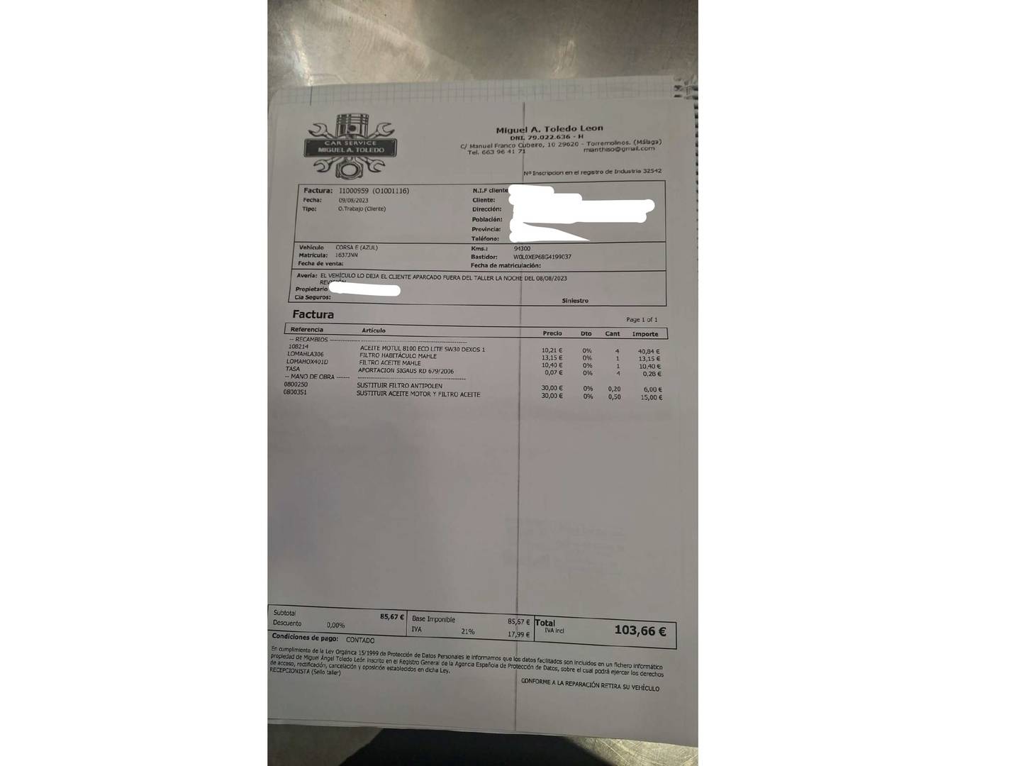 Foto del mantenimiento del Opel Corsa Opel Corsa 1.4 Expression (75 CV)