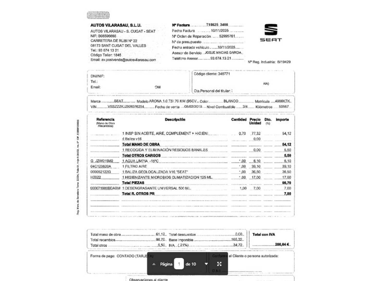 Foto del mantenimiento del Seat Arona Seat Arona 1.0 TSI Ecomotive Reference Plus (95 CV)