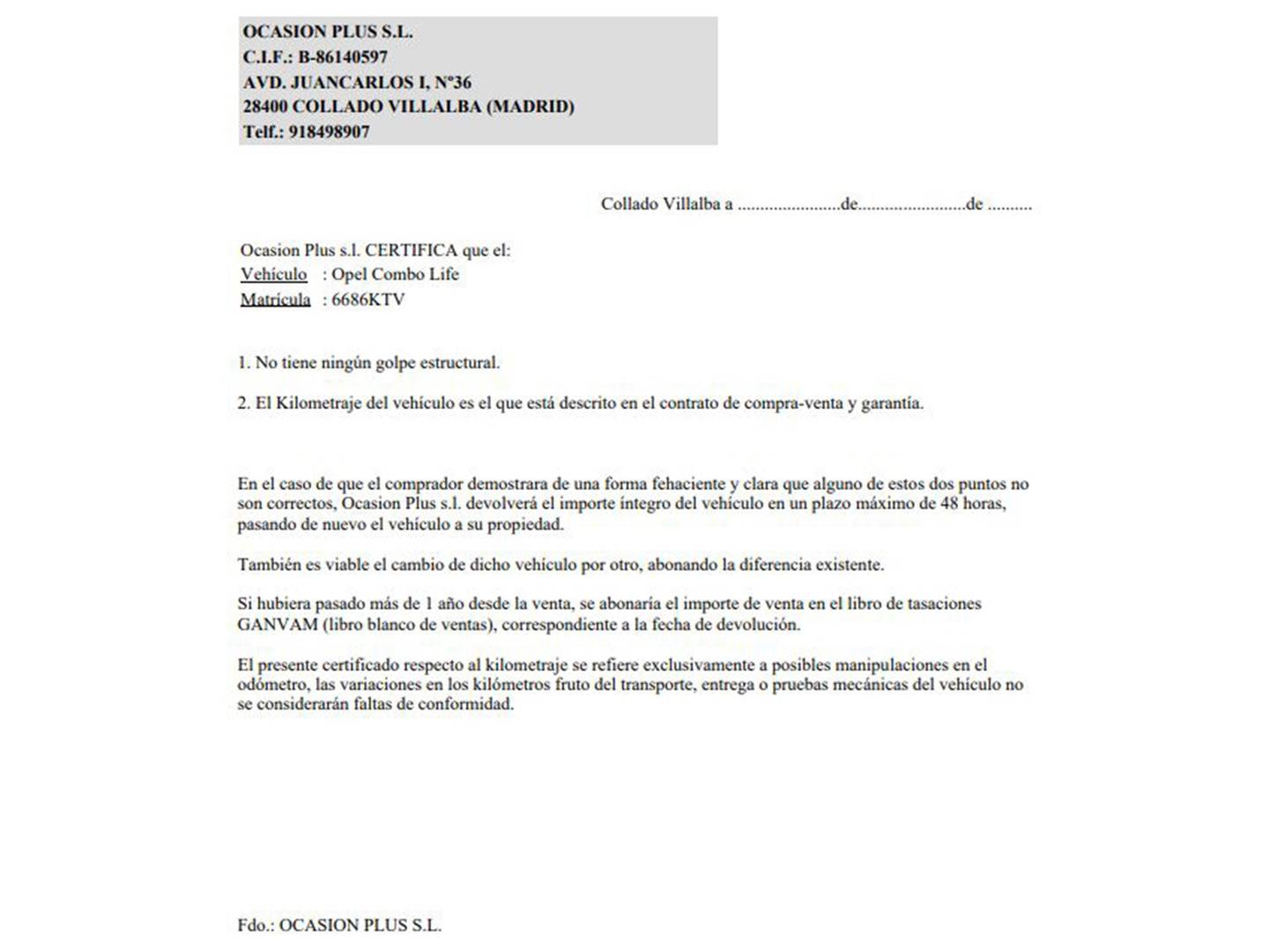 Foto del certificado del Opel Combo Life Opel Combo Life 1.2 Turbo S&S Selective XL (110 CV)