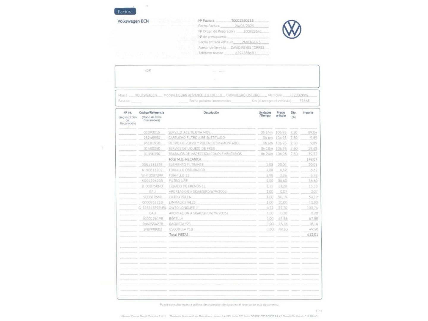 Foto del mantenimiento del Volkswagen Tiguan Volkswagen Tiguan Advance 2.0 TDI (150 CV) Pack R-line