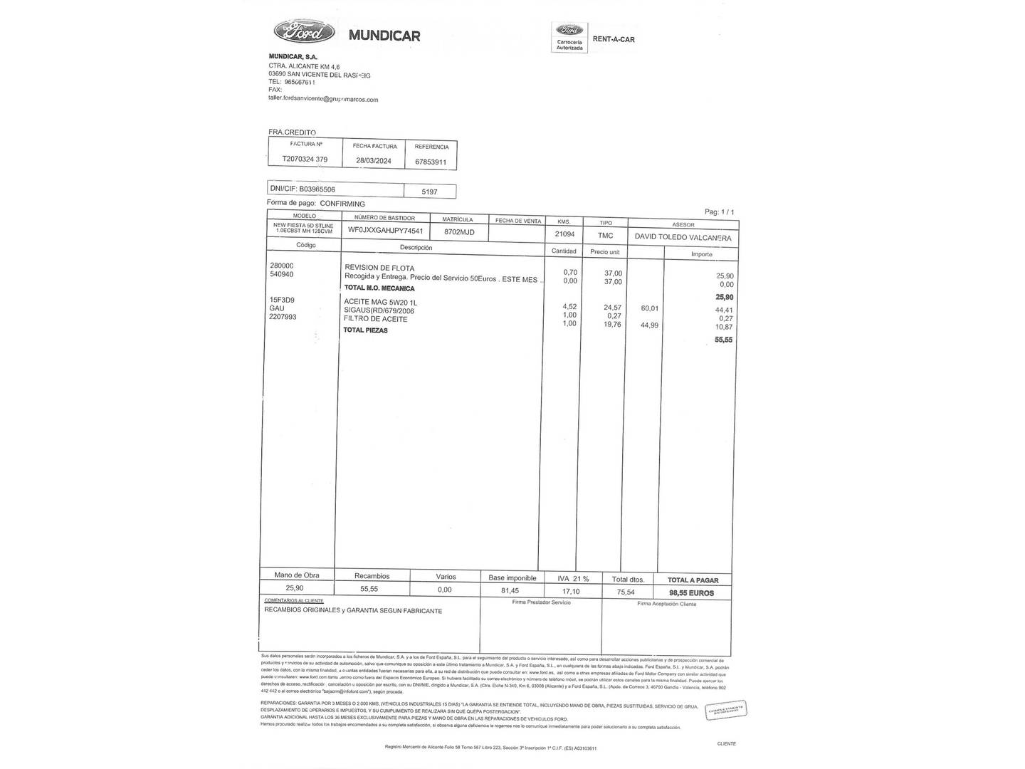 Foto del mantenimiento del Ford Fiesta Ford Fiesta 1.0 EcoBoost MHEV ST-Line (125 CV)