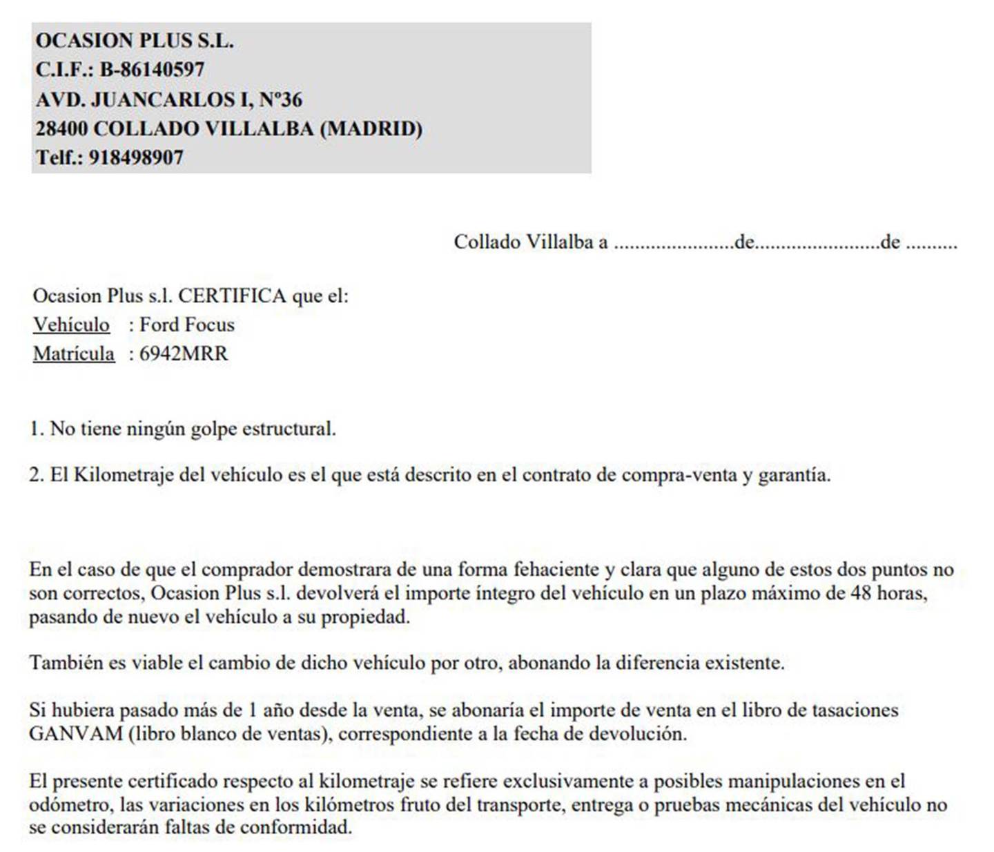 Foto del certificado del Ford Focus Ford Focus 1.0 Ecoboost MHEV ST-Line Auto (155 CV)
