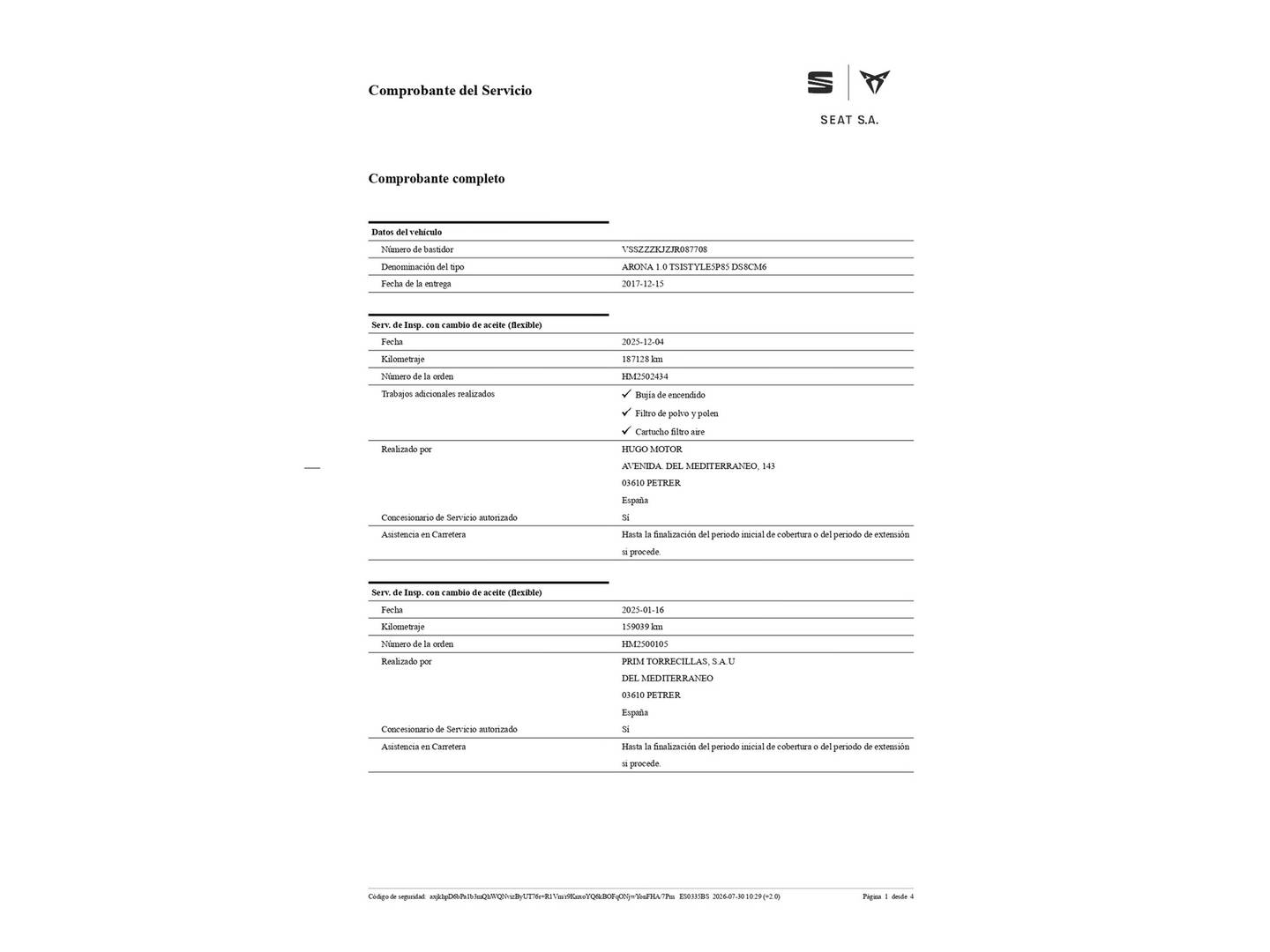 Foto del mantenimiento del Seat Arona Seat Arona 1.0 TSI Style Ecomotive (115 CV)