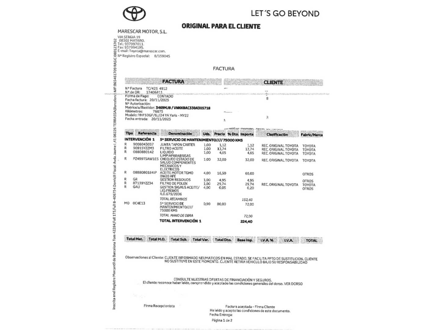 Foto del mantenimiento del Toyota Yaris Toyota Yaris 1.5 120H GR-Sport (116 CV)