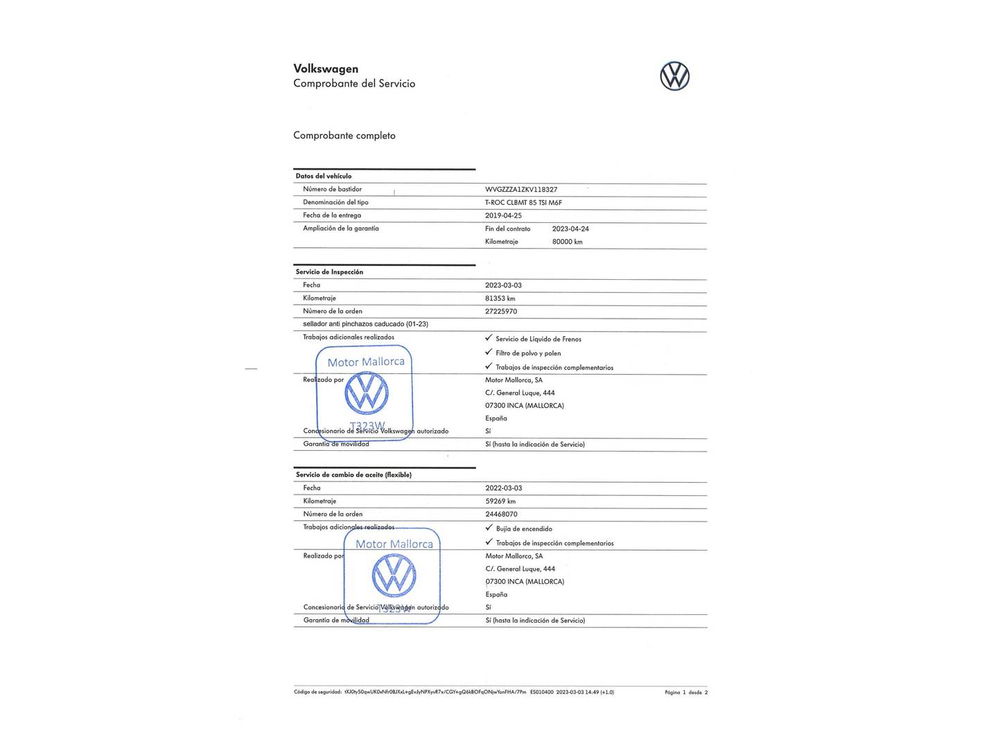 Foto del mantenimiento del Volkswagen T-Roc Volkswagen T-Roc Advance 1.0 TSI (115 CV)