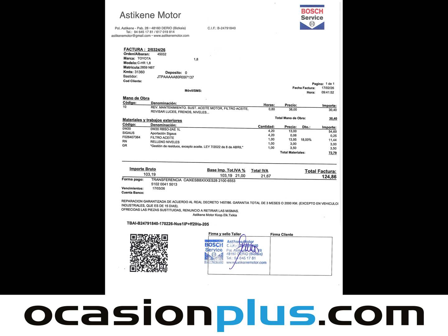 Foto del mantenimiento del Toyota C-HR Toyota C-HR 140H Advance (140 CV)