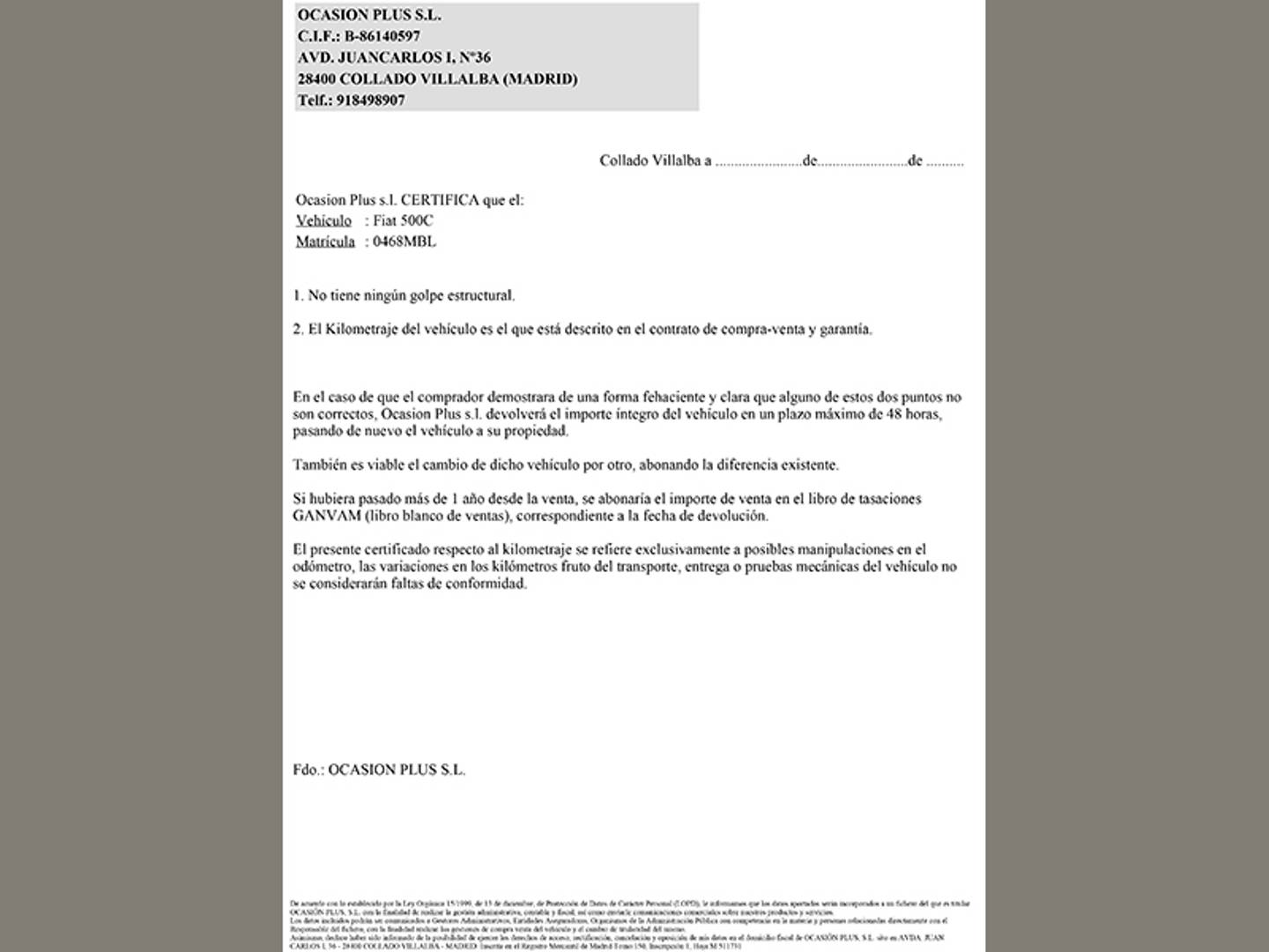 Foto del certificado del Fiat 500C Fiat 500C 1.0 Hybrid Dolcevita (70 CV)