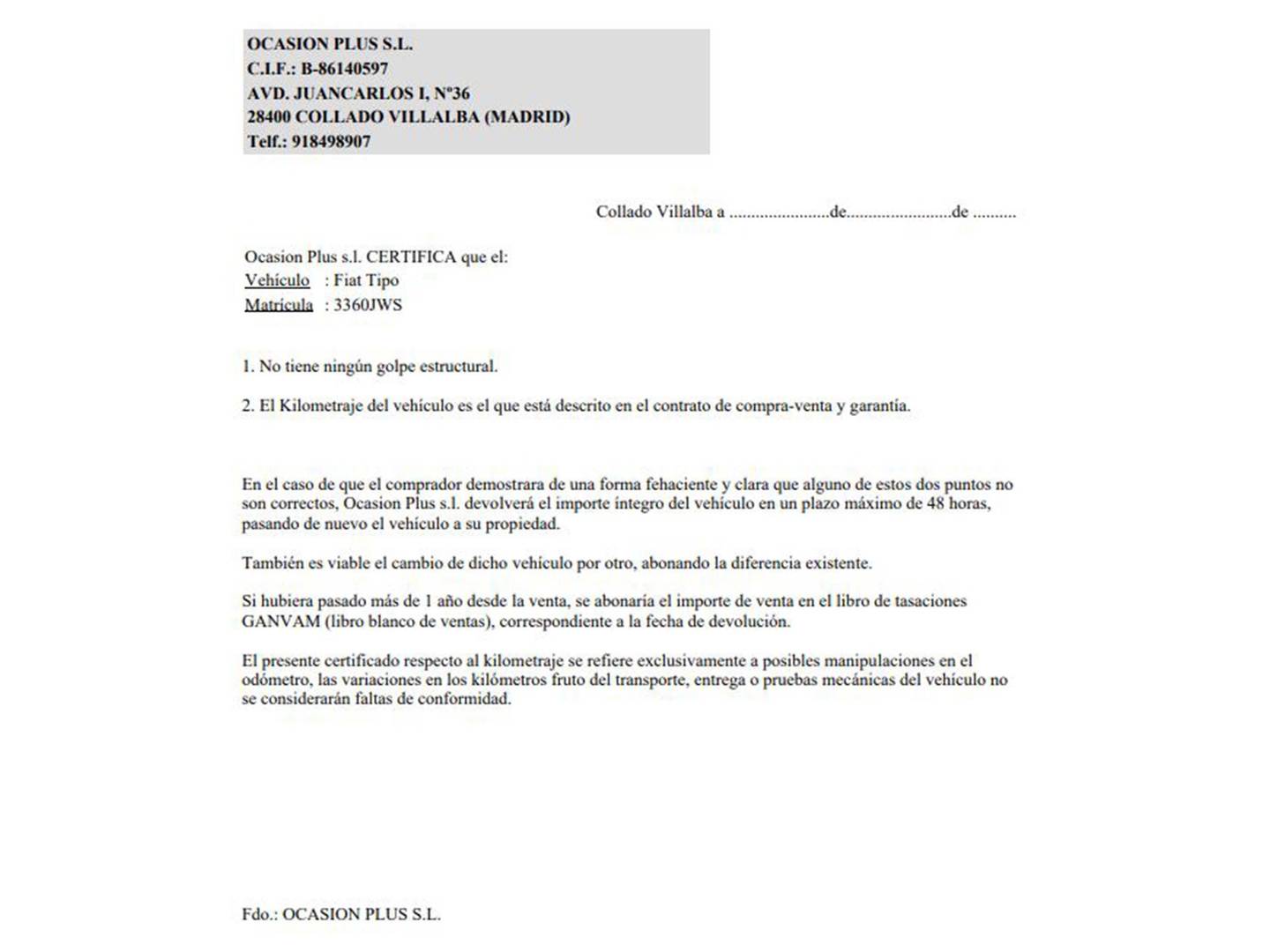 Foto del certificado del Fiat Tipo Fiat Tipo 1.6 Multijet Lounge (120 CV)