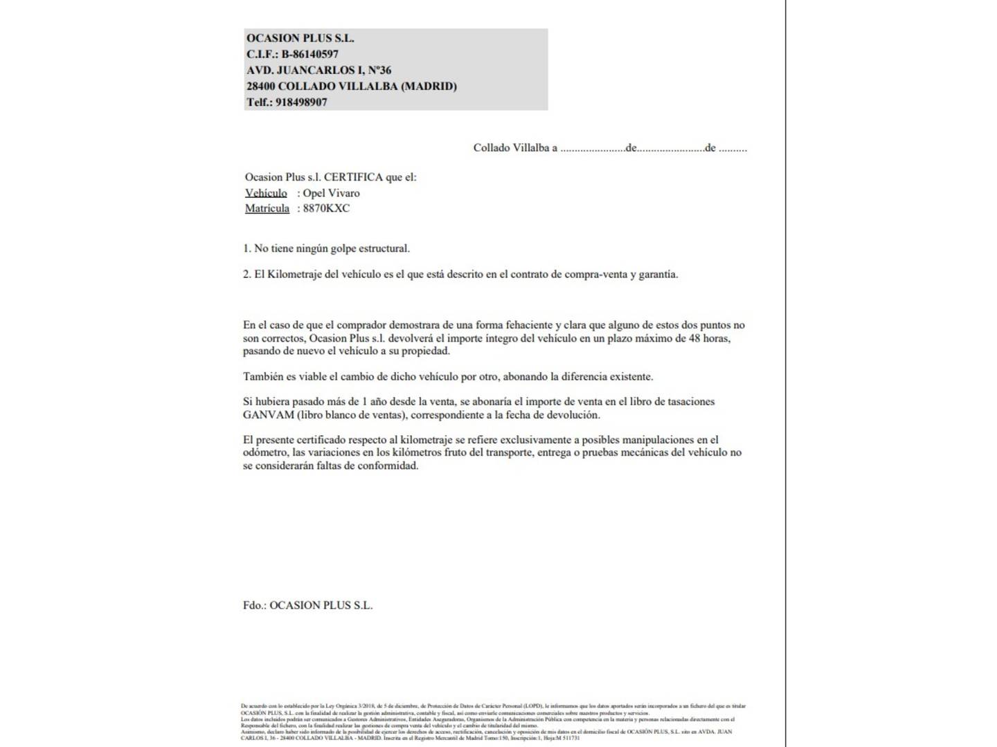 Foto del certificado del Opel Vivaro OPEL Vivaro 1.6CDTI (120CV) Expressio L2H1 2.9t