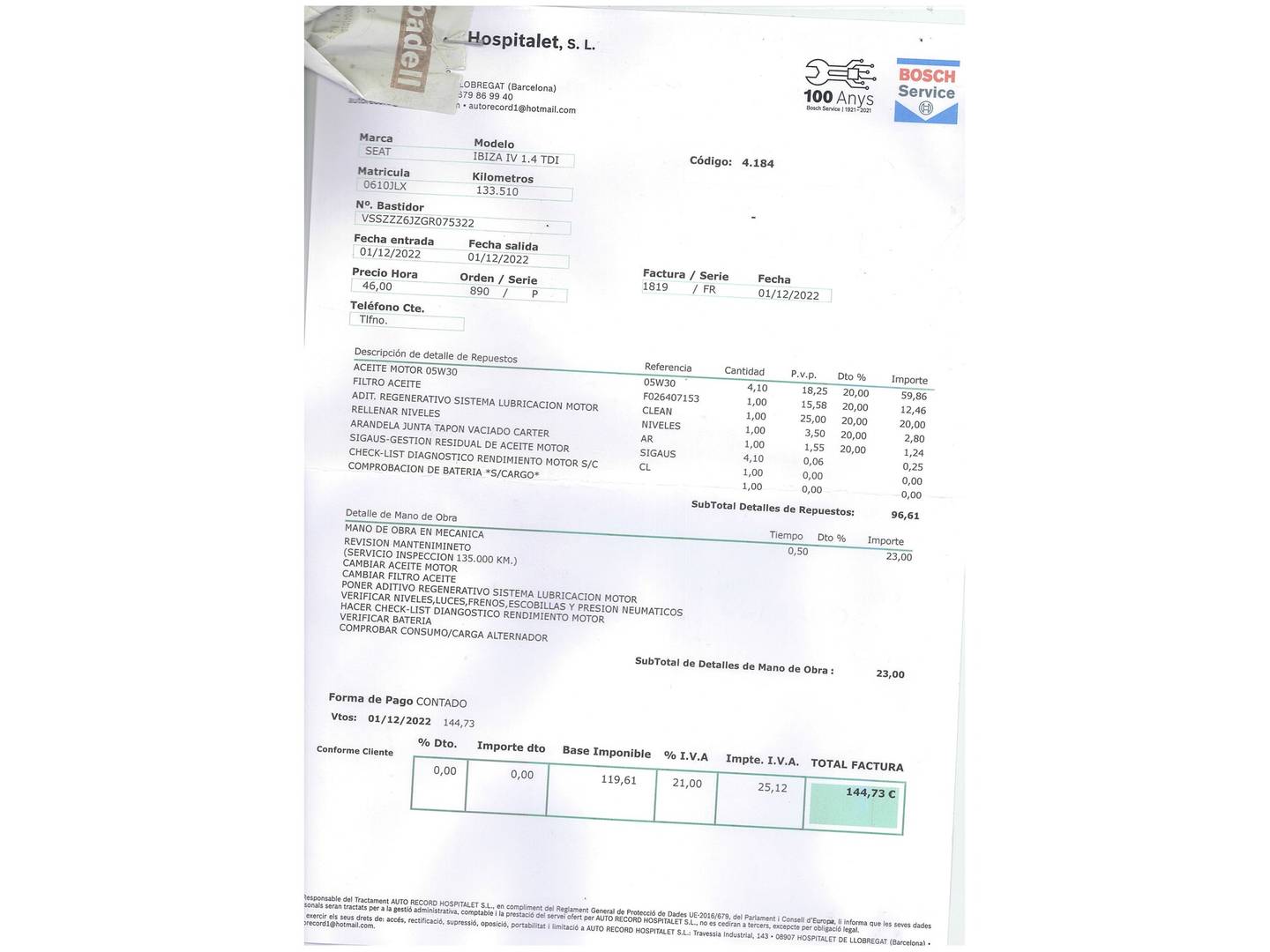 Foto del mantenimiento del Seat Ibiza Seat Ibiza 1.4 TDI Style (105 CV)