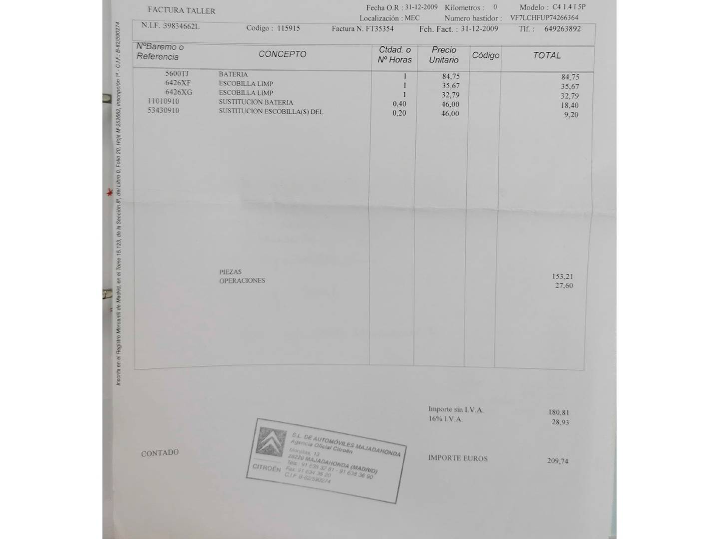 Foto del mantenimiento del Citroën C4 Citroen C4 1.6 16v Premier (110 CV)