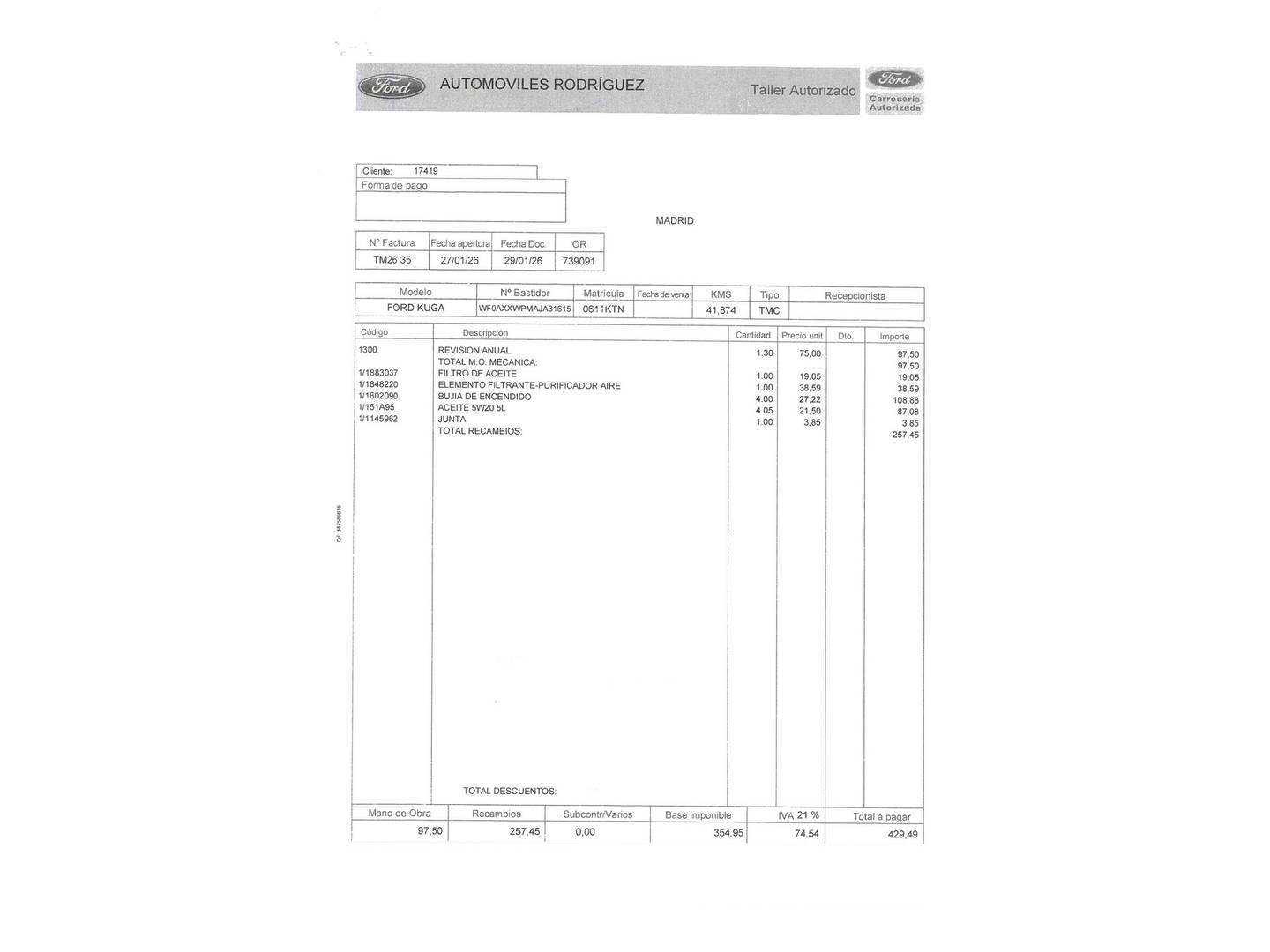 Foto del mantenimiento del Ford Kuga Ford Kuga 1.5 EcoBoost ST-Line 4x2 (120 CV)