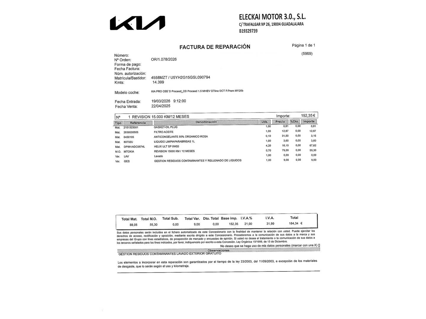 Foto del mantenimiento del KIA ProCeed KIA ProCeed 1.5 MHEV GT Line DCT (140 CV)