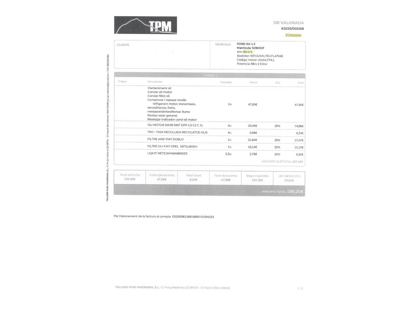 Foto del mantenimiento del Ford Ka Ford Ka 1.2 Duratec S&S Trend+ (69 CV)