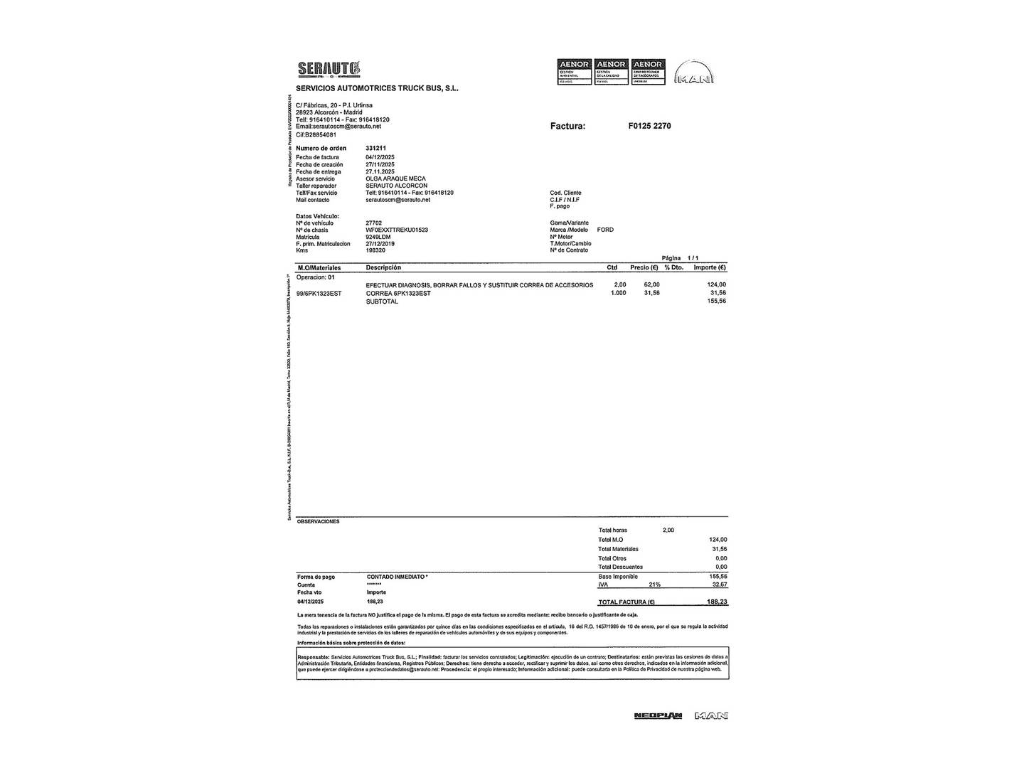 Foto del mantenimiento del Ford Transit Ford Transit Furgon 350 MHEV L3H2 Trend Delantera (130 CV)