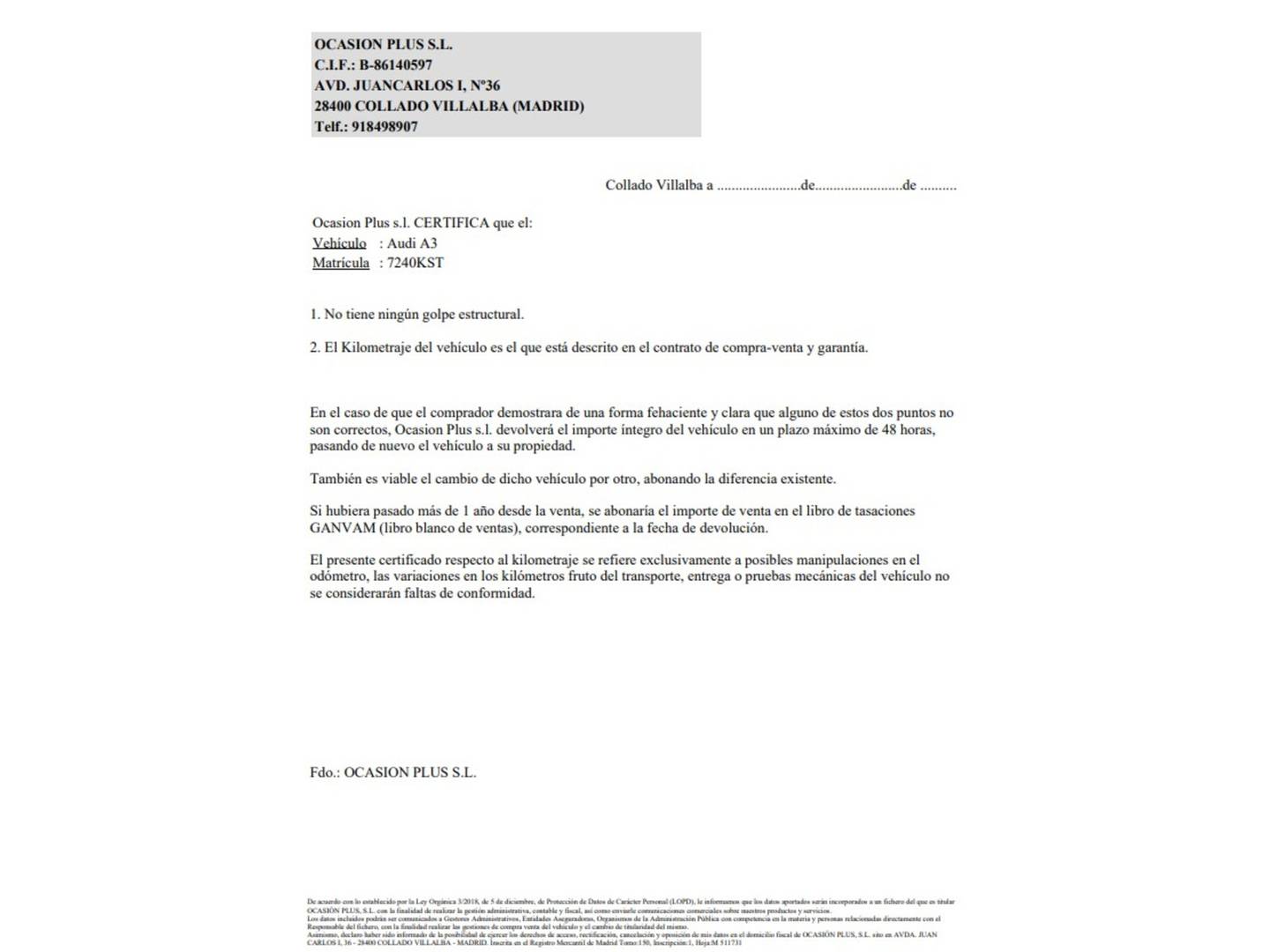 Foto del certificado del Audi A3 Audi A3 Sportback S line 30 TDI (116 CV)