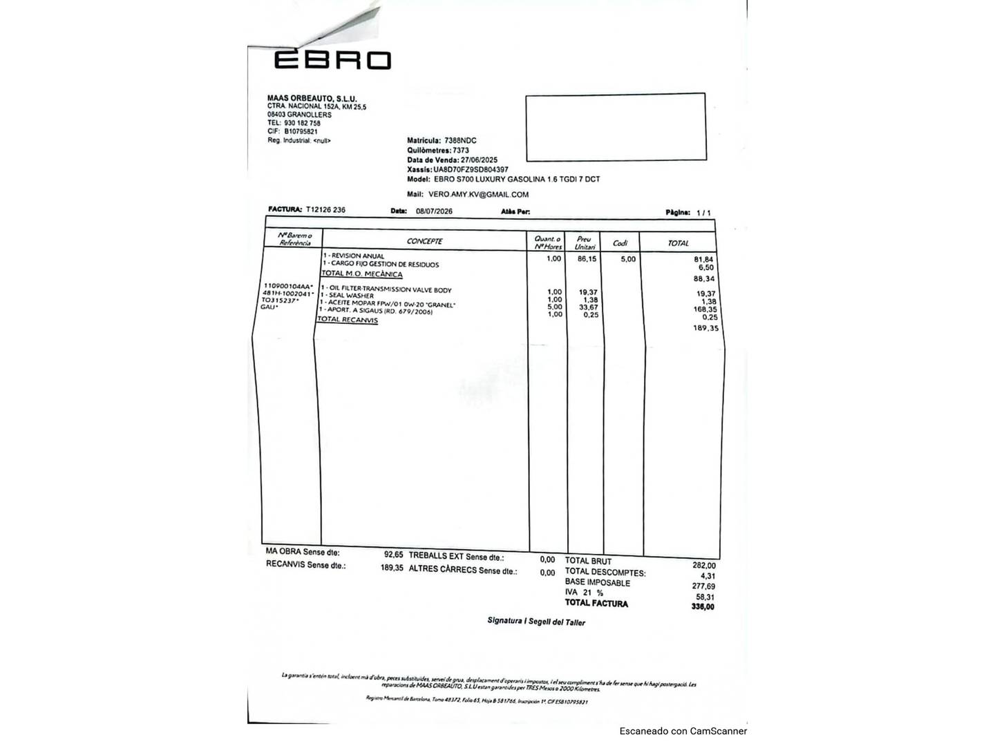 Foto del mantenimiento del EBRO S700 EBRO S700 1.6 TGDI Luxury 7 DCT (147 CV)