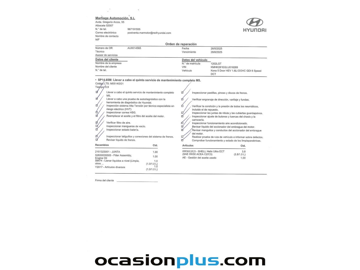 Foto del mantenimiento del Hyundai Kona Hyundai Kona 1.6 GDI HEV Klass DT (141 CV)