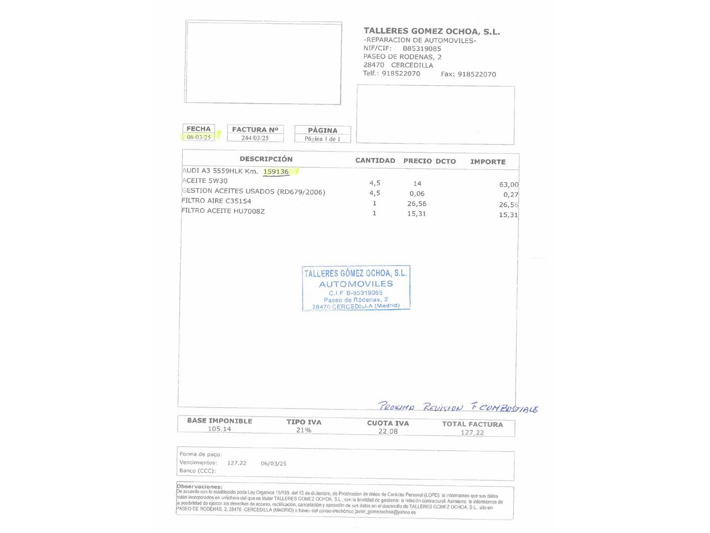 Foto del mantenimiento del Audi A3 Audi A3 Sportback Ambiente 1.6 TDI (105 CV)