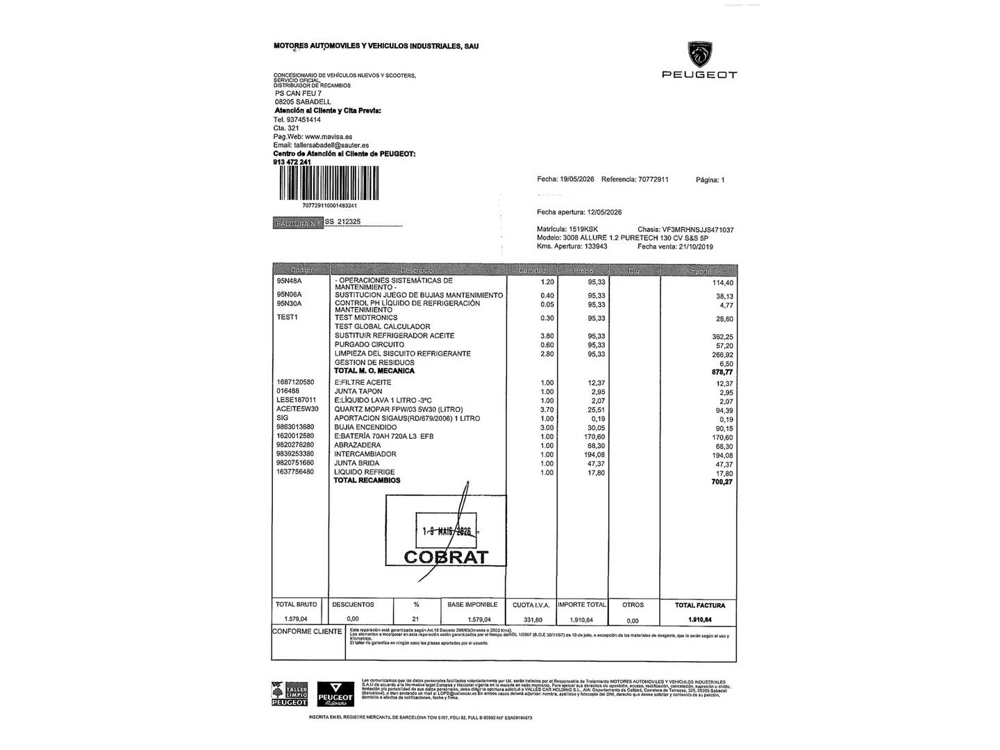 Foto del mantenimiento del Peugeot 3008 Peugeot 3008 PureTech 130 S&S Allure (130 CV)