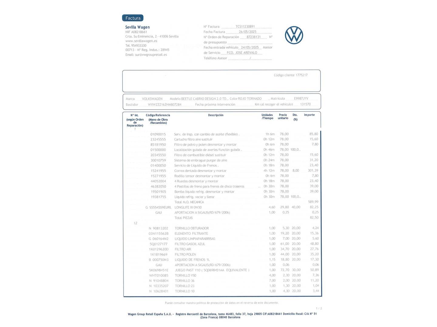 Foto del mantenimiento del Volkswagen Beetle Volkswagen Beetle Cabrio Design 2.0 TDI BMT (110 CV)