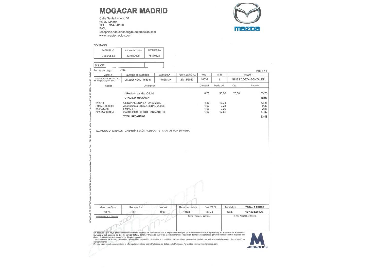 Foto del mantenimiento del Mazda Mazda2 Mazda Mazda 2 1.5 e-SKYACTIV G Center-Line Convenienc (90 CV)