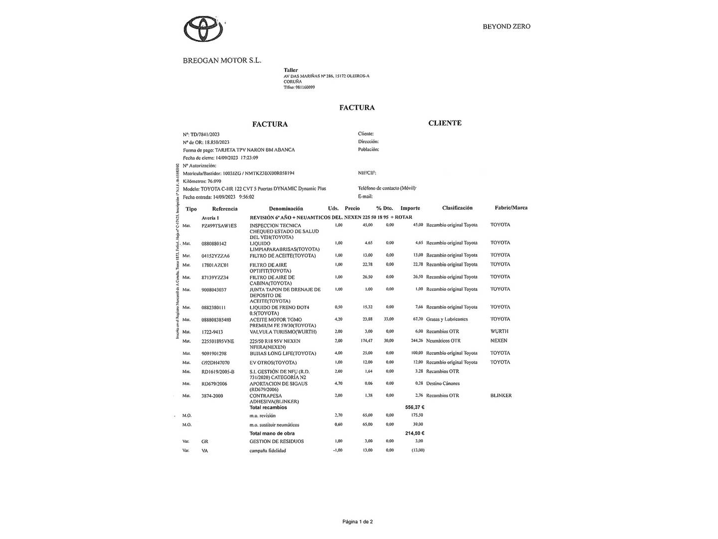 Foto del mantenimiento del Toyota C-HR Toyota C-HR 1.8 125H Advance (122 CV)