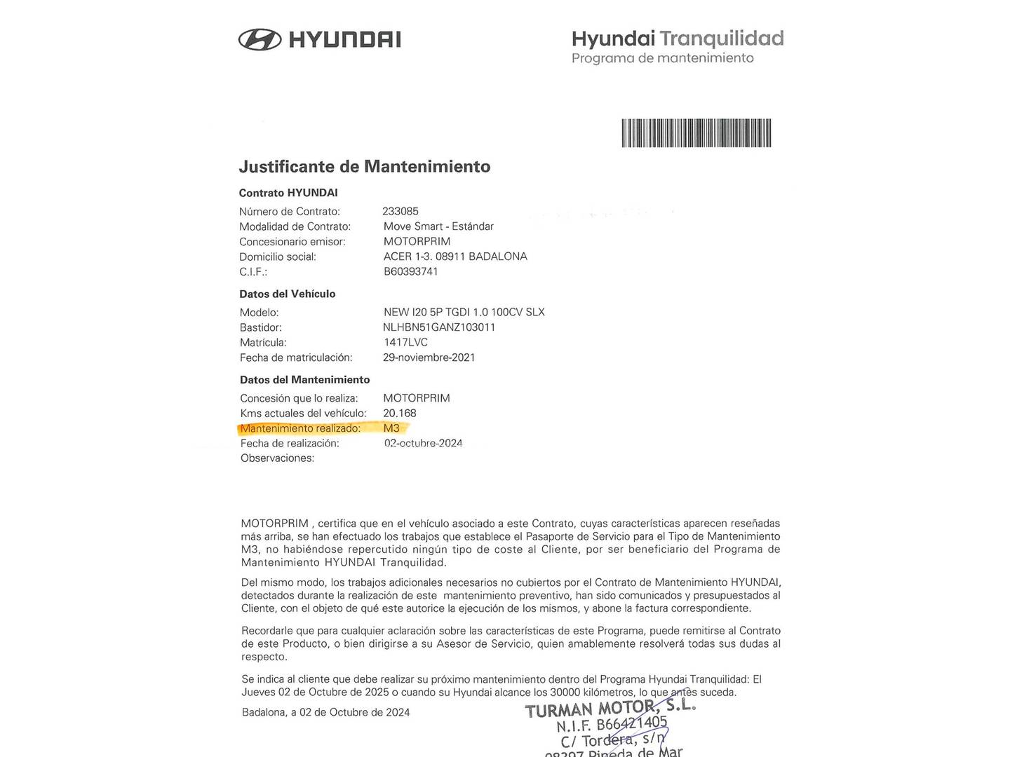 Foto del mantenimiento del Hyundai i20 Hyundai i20 1.0 TGDI SLX 74 kW (100 CV)