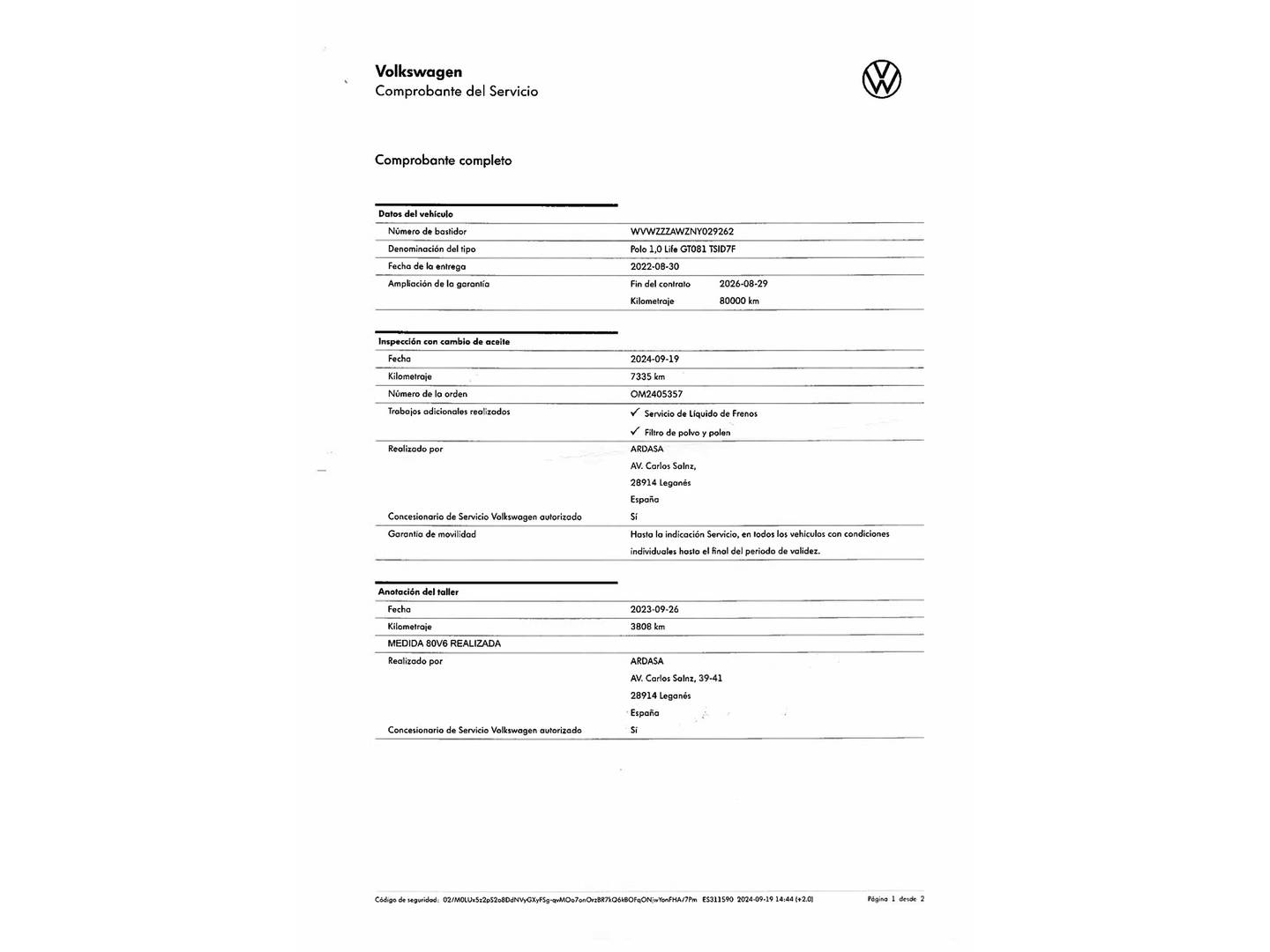 Foto del mantenimiento del Volkswagen Polo Volkswagen Polo Life 1.0 TSI (110 CV) DSG