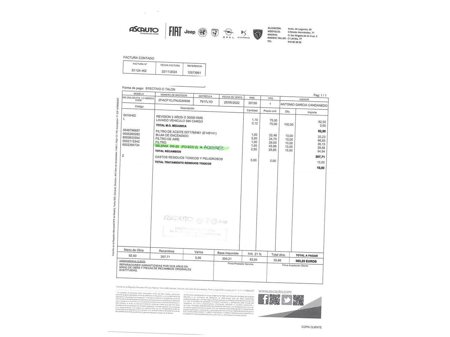 Foto del mantenimiento del Fiat 500 Fiat 500 1.0 Hybrid Dolcevita (70 CV)
