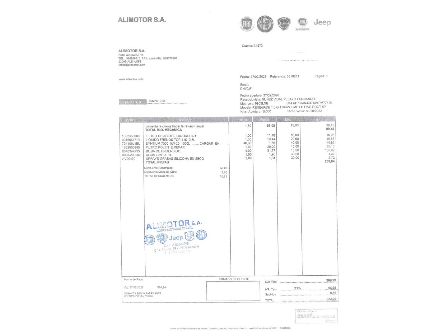 Foto del mantenimiento del Jeep Renegade Jeep Renegade 1.3G Limited 4x2 DCT (150 CV)