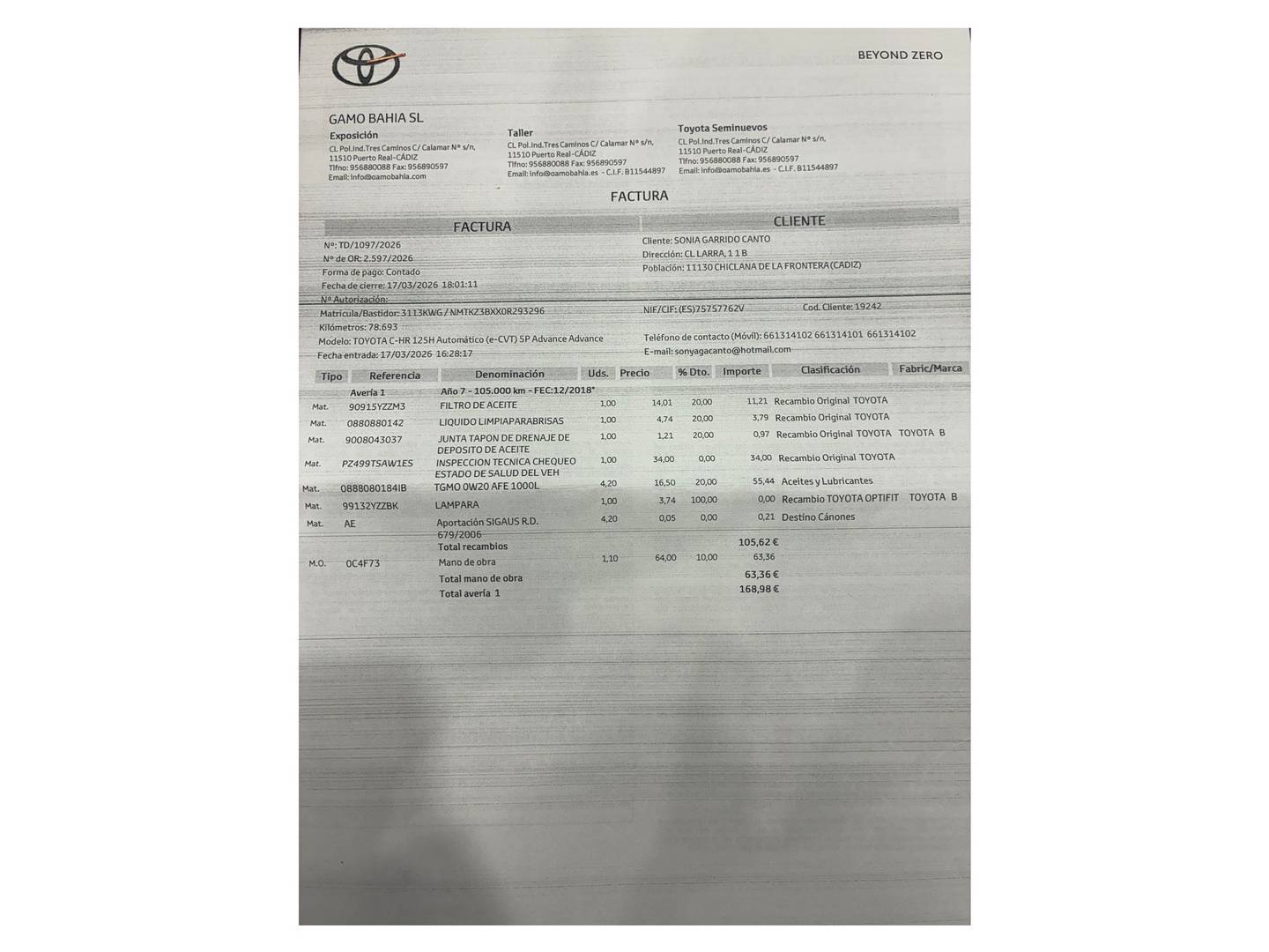 Foto del mantenimiento del Toyota C-HR Toyota C-HR 1.8 125H Advance (122 CV)