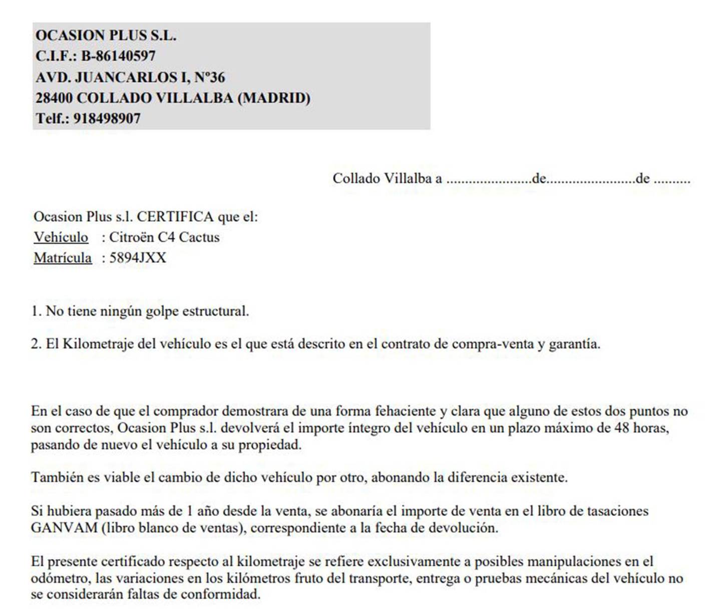 Foto del certificado del Citroën C4 Cactus Citroen C4 Cactus PureTech 110 S&S Feel (110 CV)