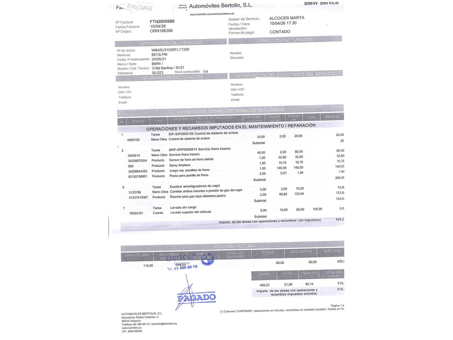 Foto del certificado del BMW Serie 3 BMW Serie 3 318d (150 CV) Pack M