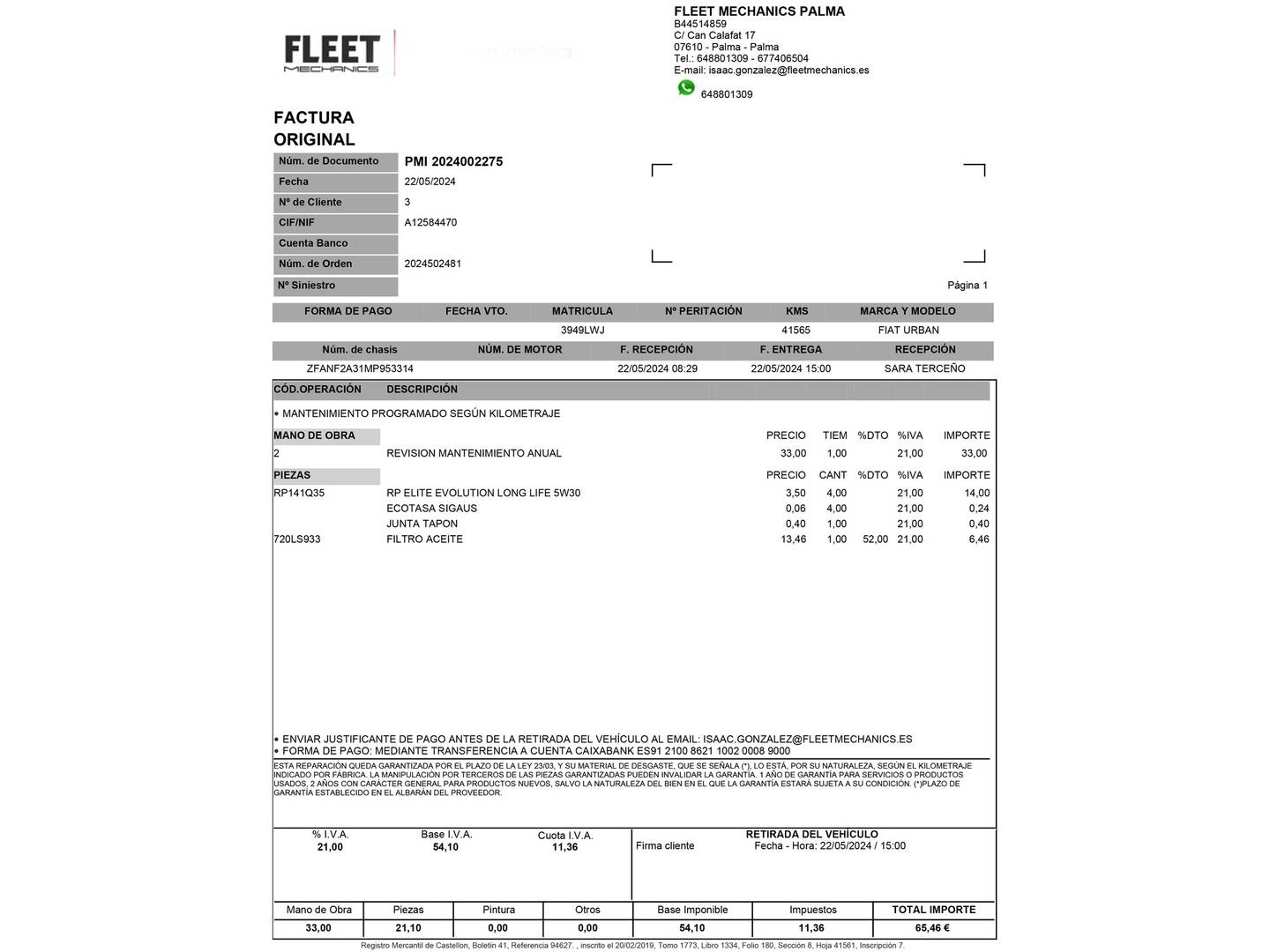 Foto del mantenimiento del Fiat 500X Fiat 500X 1.0 Firefly S&S Connect (120 CV)