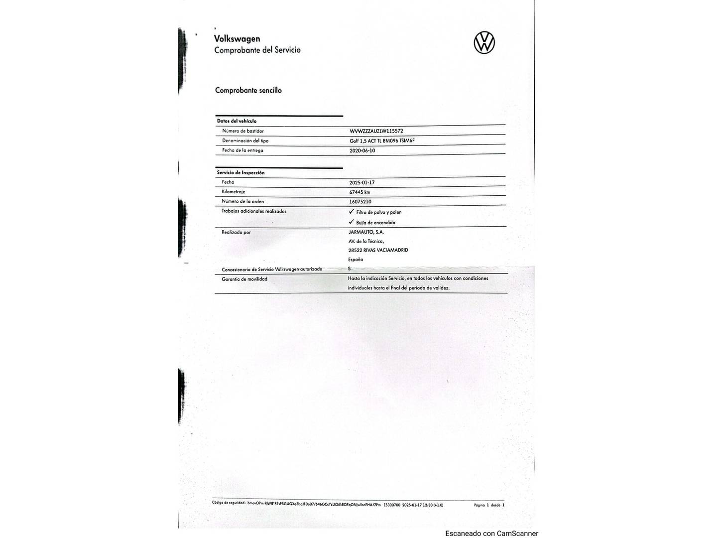 Foto del mantenimiento del Volkswagen Golf Volkswagen Golf Last Edition 1.5 TSI Evo (130 CV)