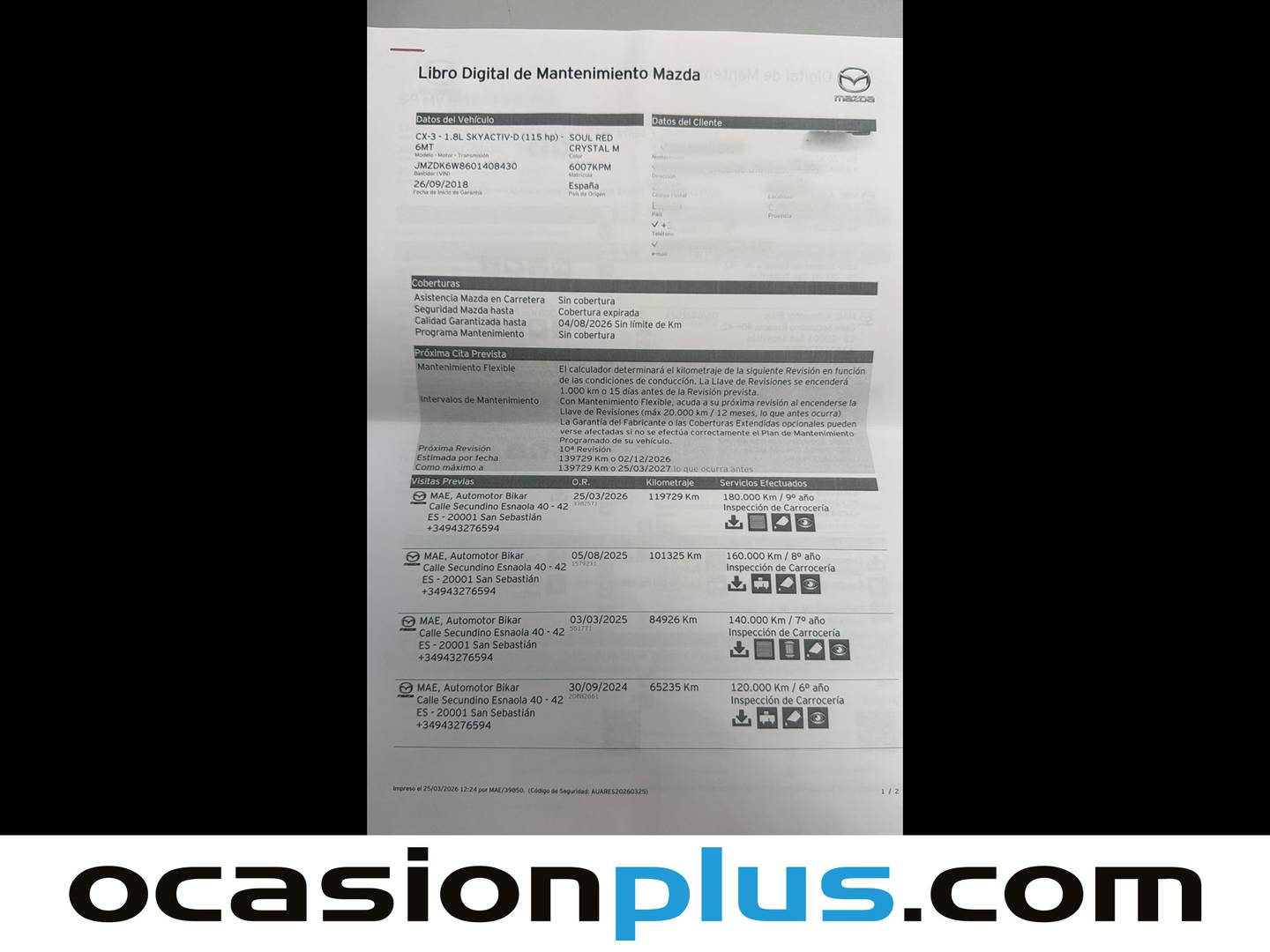 Foto del mantenimiento del Mazda CX-3 Mazda CX-3 1.8 D Zenith 2WD (115 CV)
