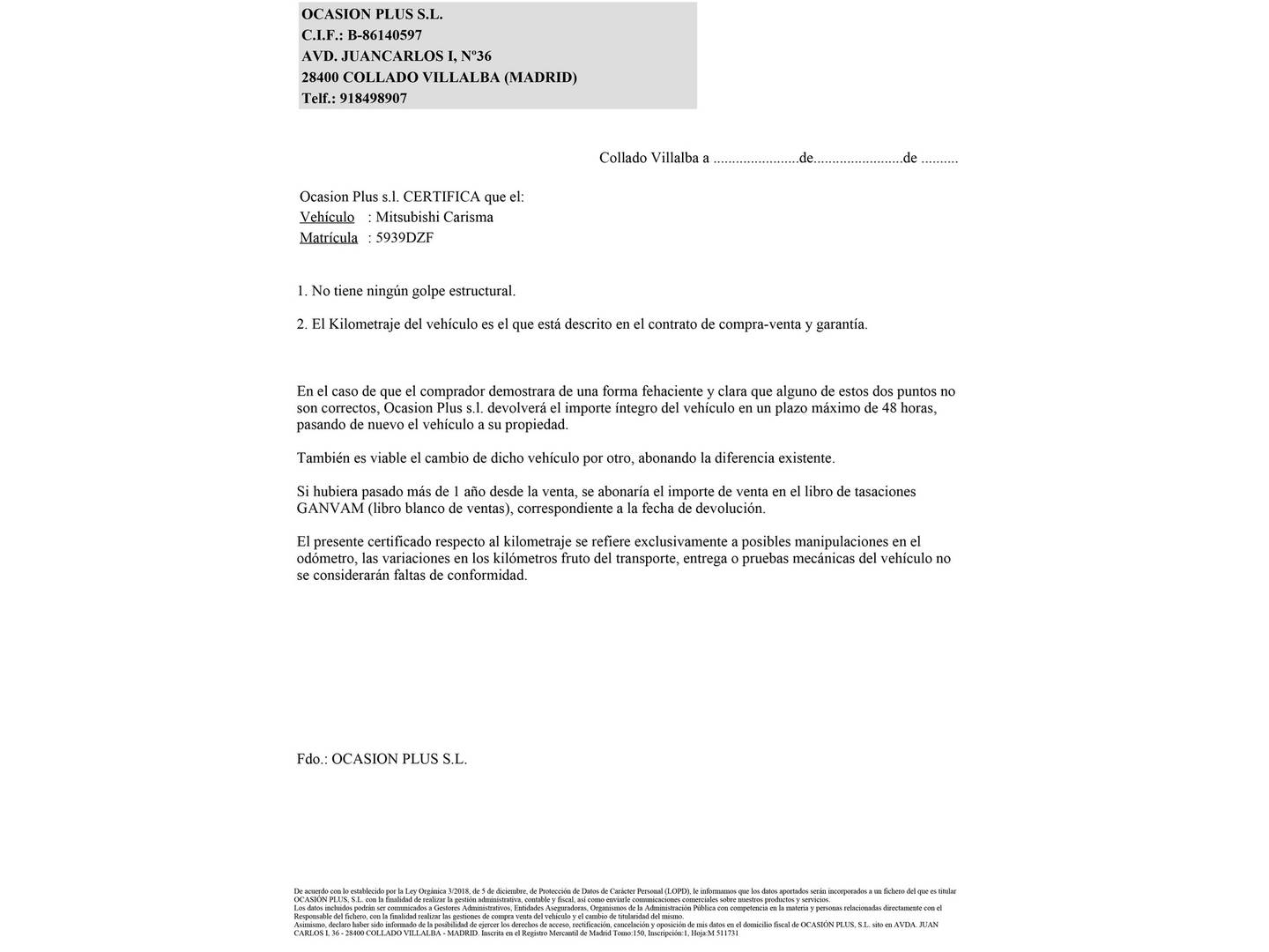Foto del certificado del Mitsubishi Carisma Mitsubishi Carisma 1.8 LS GDI (125 CV)