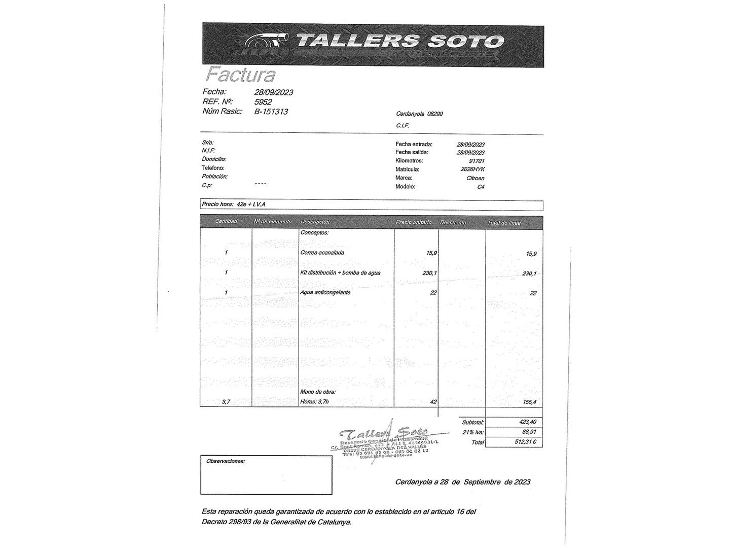 Foto del mantenimiento del Citroën C4 Citroën C4 1.6 HDI Tonic (92 CV)