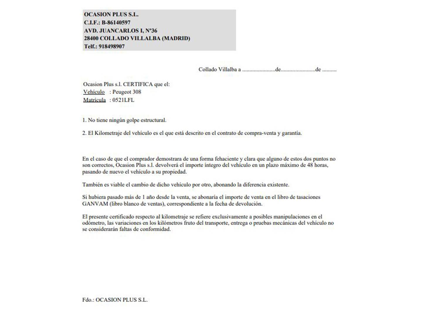 Foto del certificado del Peugeot 308 Peugeot 308 PureTech 130 S&S Style (130 CV)