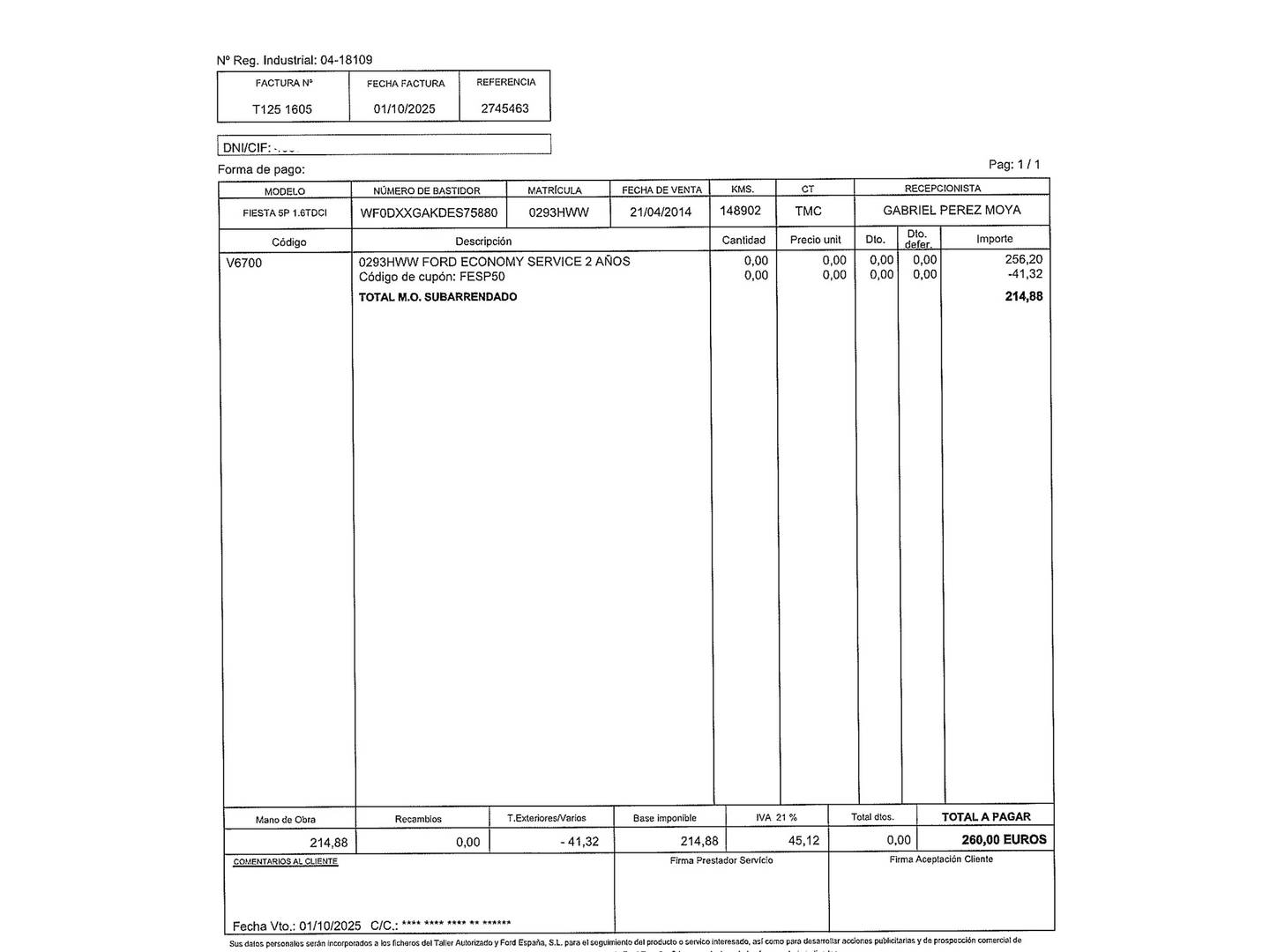 Foto del mantenimiento del Ford Fiesta Ford Fiesta 1.6 TDCI Trend (95 CV)