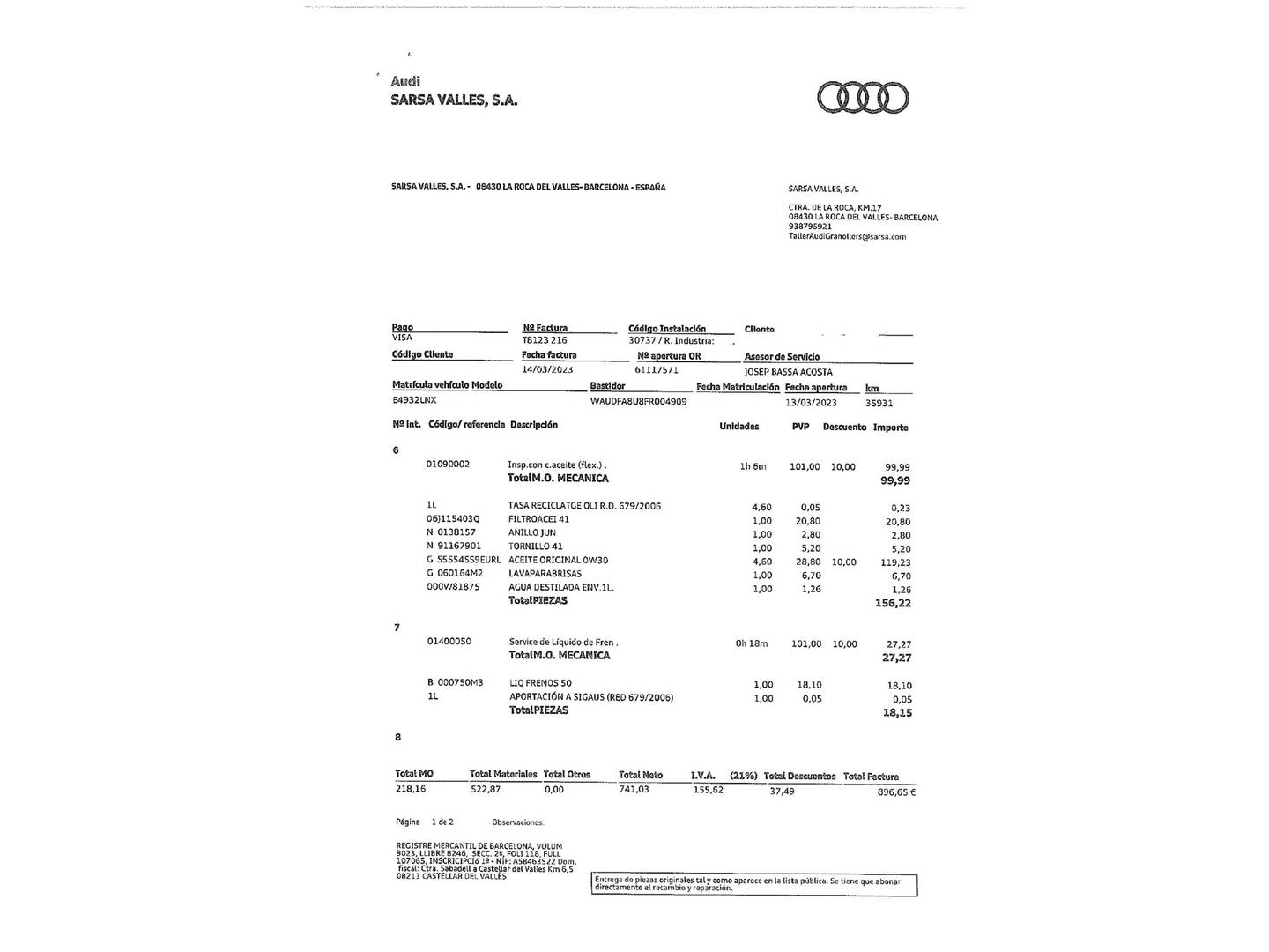 Foto del mantenimiento del Audi Q3 Audi Q3 Attraction 2.0 TFSI quattro (170 CV) S tronic 4x4