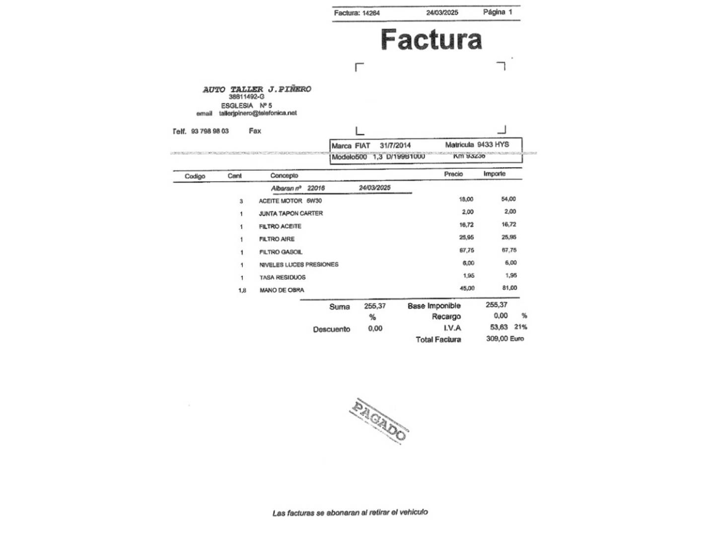 Foto del mantenimiento del Fiat 500 Fiat 500 1.3 16v MultiJet S&S Lounge (95 CV)